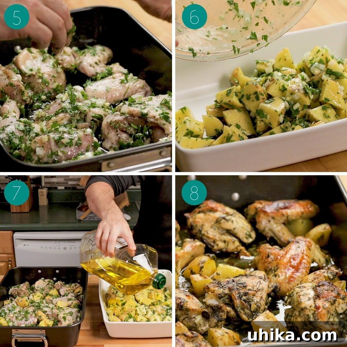 Garlic Rosemary Chicken and Roasted Potatoes 4 A two-part collage displaying the progression of the Italian baked chicken and potatoes recipe. The top image shows chicken pieces arranged skin-side up in a baking dish, surrounded by seasoned potato cubes. The bottom image shows the dish halfway through baking, with pan juices spooned over the chicken.