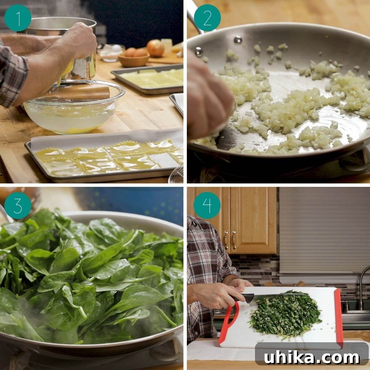 Creamy Spinach Lasagna Rolls 4 Collage showing steps for preparing spinach, mixing filling, and cooking béchamel sauce.