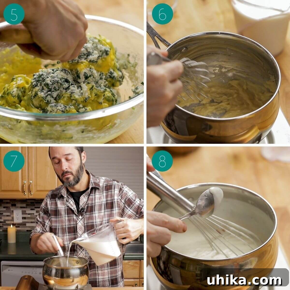 Creamy Spinach Lasagna Rolls 5 Collage showing steps for making the béchamel sauce and spreading filling on pasta.