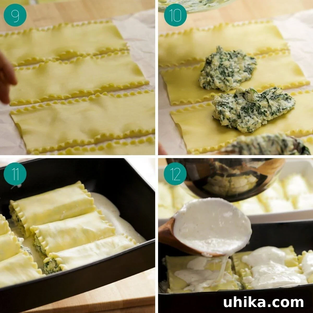 Creamy Spinach Lasagna Rolls 6 Collage showing steps for rolling the lasagna and arranging them in the baking dish.