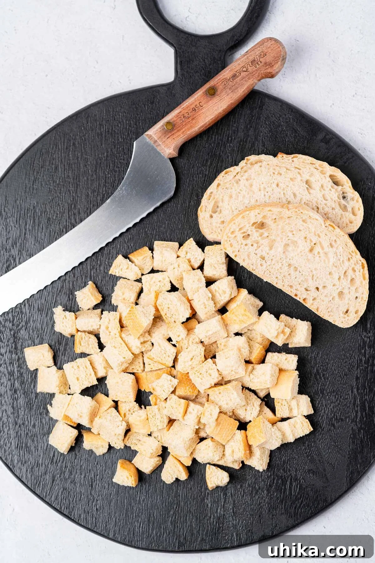 A black, wooden cutting board with cubes of bread to demonstrate the proper size for processing, with slices of bread, and a bread knife to the side.