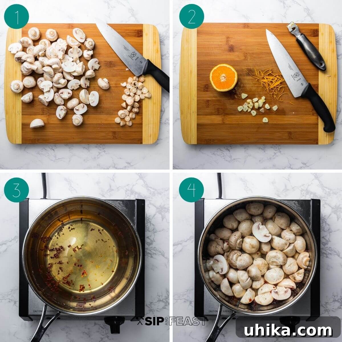 Flavor Infused Mushrooms 4 Collage of step-by-step recipe process shots, group one: showing cleaning mushrooms, slicing garlic, and zesting an orange.