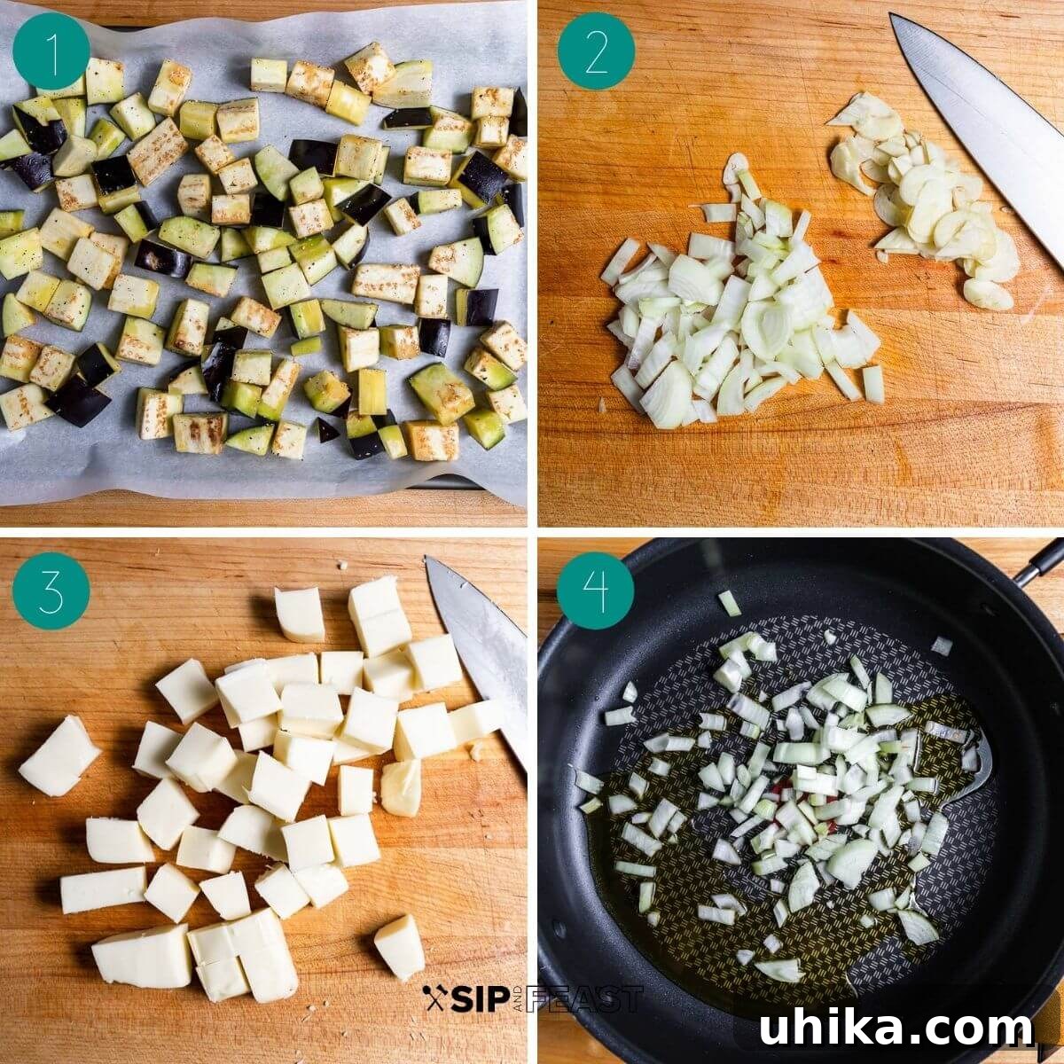 A collage showing the initial steps of the Pasta alla Siciliana recipe: cubed eggplant on a baking sheet, boiling pasta water, and sautéing onions and garlic in a pan.