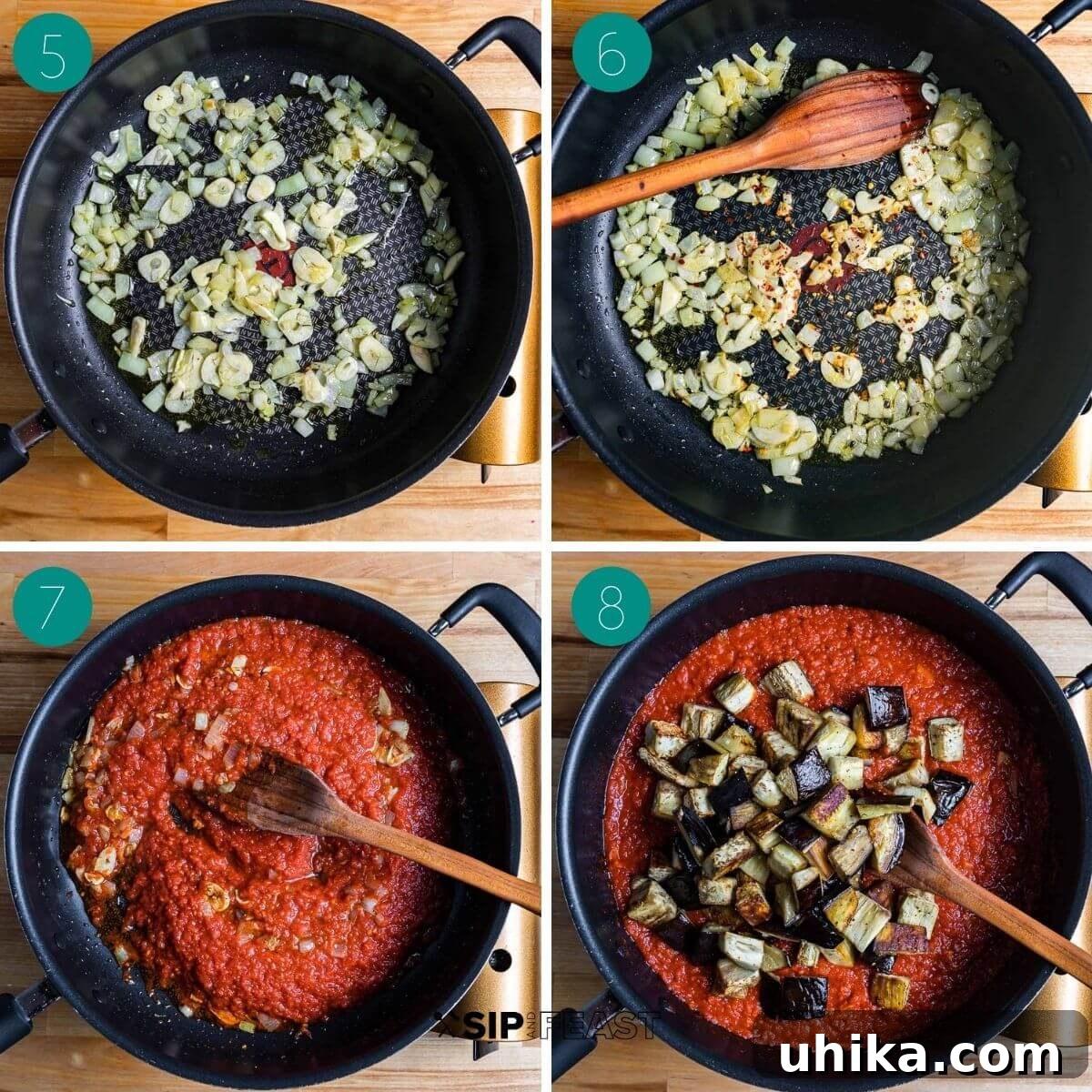 A collage showcasing the next stages of the recipe: crushing plum tomatoes, sautéing garlic and red pepper flakes, and simmering the tomato sauce.