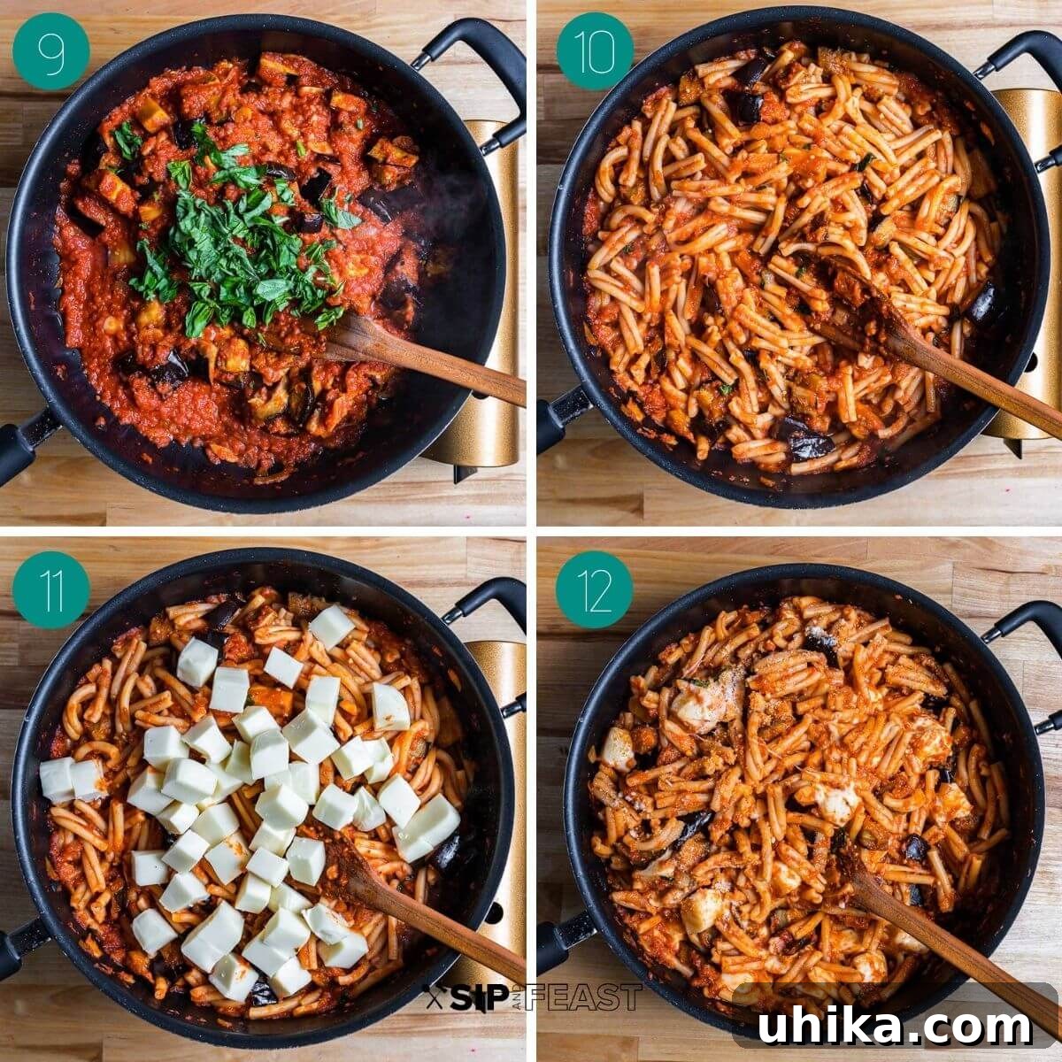 A collage displaying the final steps of preparing Pasta alla Siciliana: adding roasted eggplant, basil, and mint to the sauce, combining pasta with the sauce, and the finished dish with melted mozzarella.