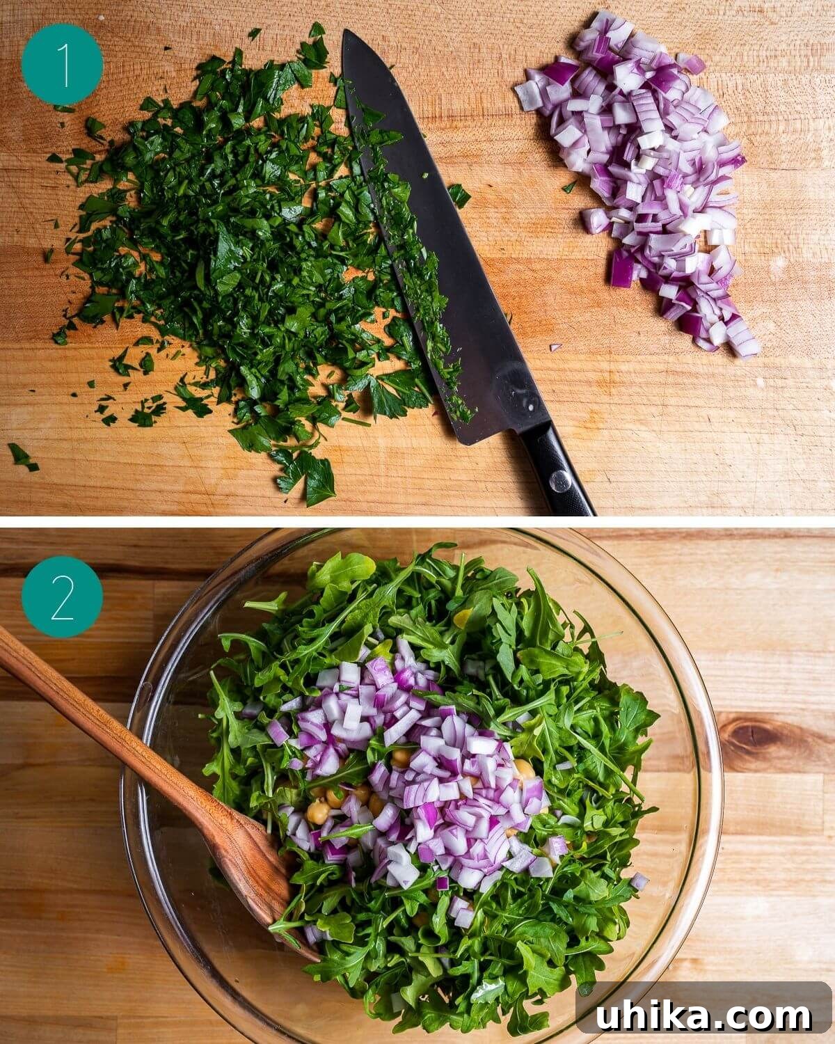 Zesty Lemon Parmesan Chickpea Arugula Salad 4 Collage of recipe process shots, including preparing ingredients like mincing parsley, dicing onion, rinsing chickpeas, and grating garlic.