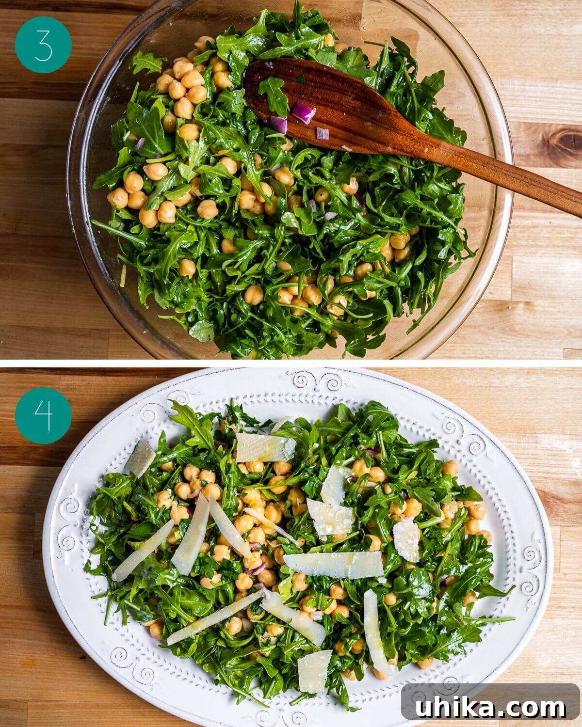 Zesty Lemon Parmesan Chickpea Arugula Salad 5 Collage of recipe process shots showing the vinaigrette being whisked and then poured over the salad ingredients.