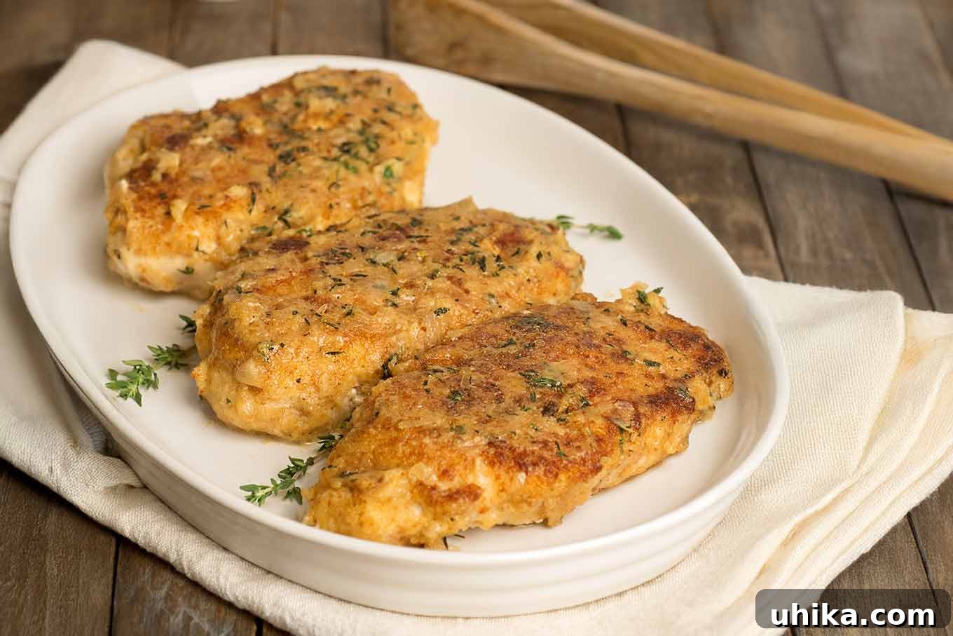 Crispy Pan-Fried Chicken Cutlets 3 Three breaded chicken cutlets on a serving plate, topped with shallot, honey, and thyme pan sauce, a pair of wooden tongs in the background.