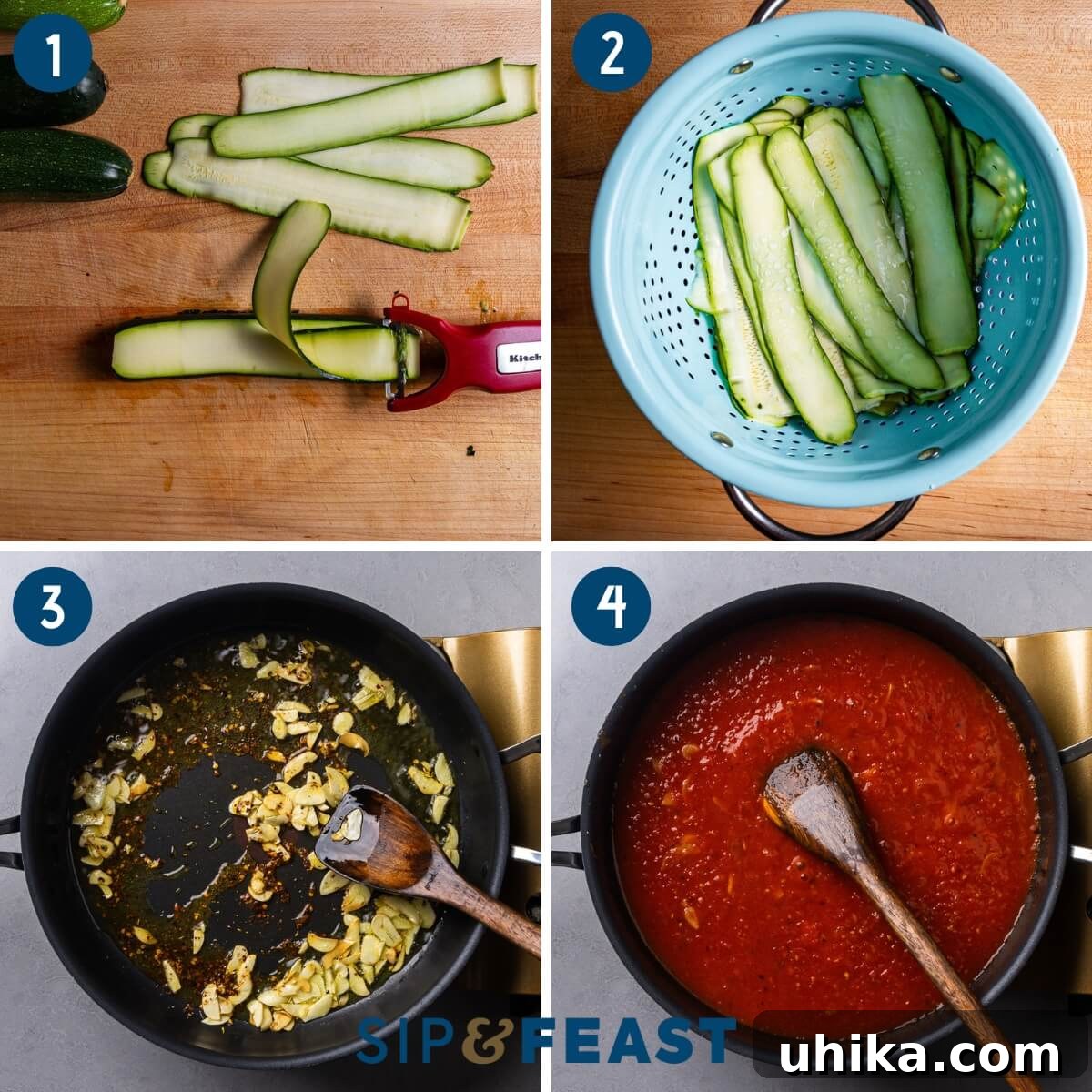Zucchini Rollatini Summer's Signature Dish 5 A collage showing the initial steps of the zucchini rollatini recipe: thinly slicing zucchini, salting the slices in a colander, and preparing the marinara sauce.