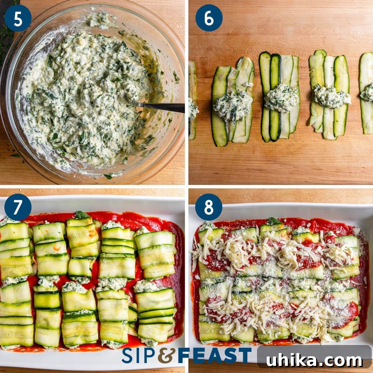 Zucchini Rollatini Summer's Signature Dish 6 A collage showing the process of mixing the ricotta filling, carefully laying the filling onto the zucchini slices, arranging the rollatini in a baking dish, and topping them with mozzarella and marinara before baking.