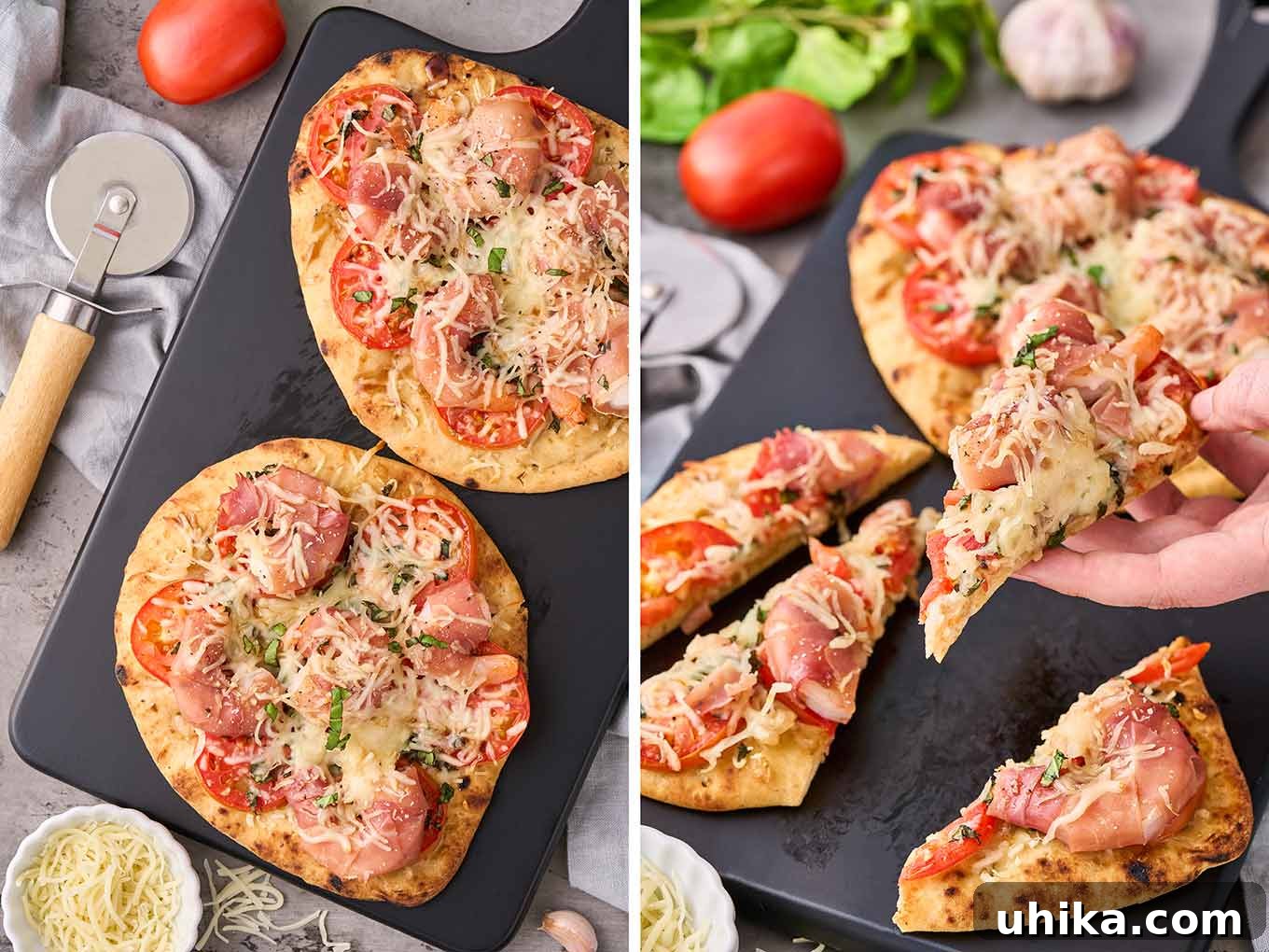 Prosciutto-Wrapped Shrimp Naan Pizza 5 Side by side photos of baked naan pizzas, one with two on a cutting board, the other with one flatbread cut into wedges and being served.
