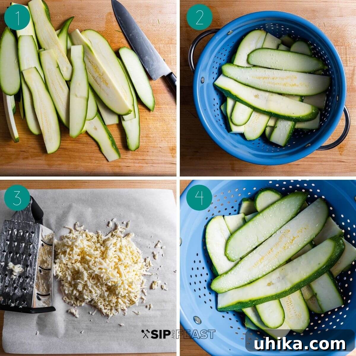 Collage showing first steps of Zucchini alla Parmigiana recipe: slicing zucchini, salting in colander, and showing water released.