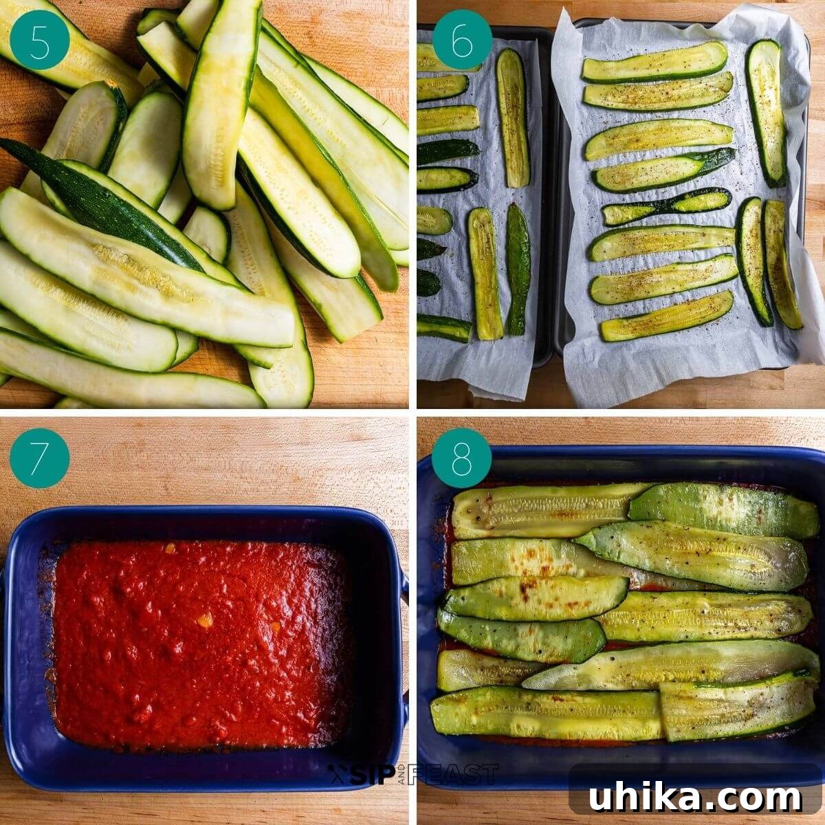 Collage showing second set of Zucchini alla Parmigiana recipe steps: rinsing zucchini, seasoning, and roasting on a baking sheet.