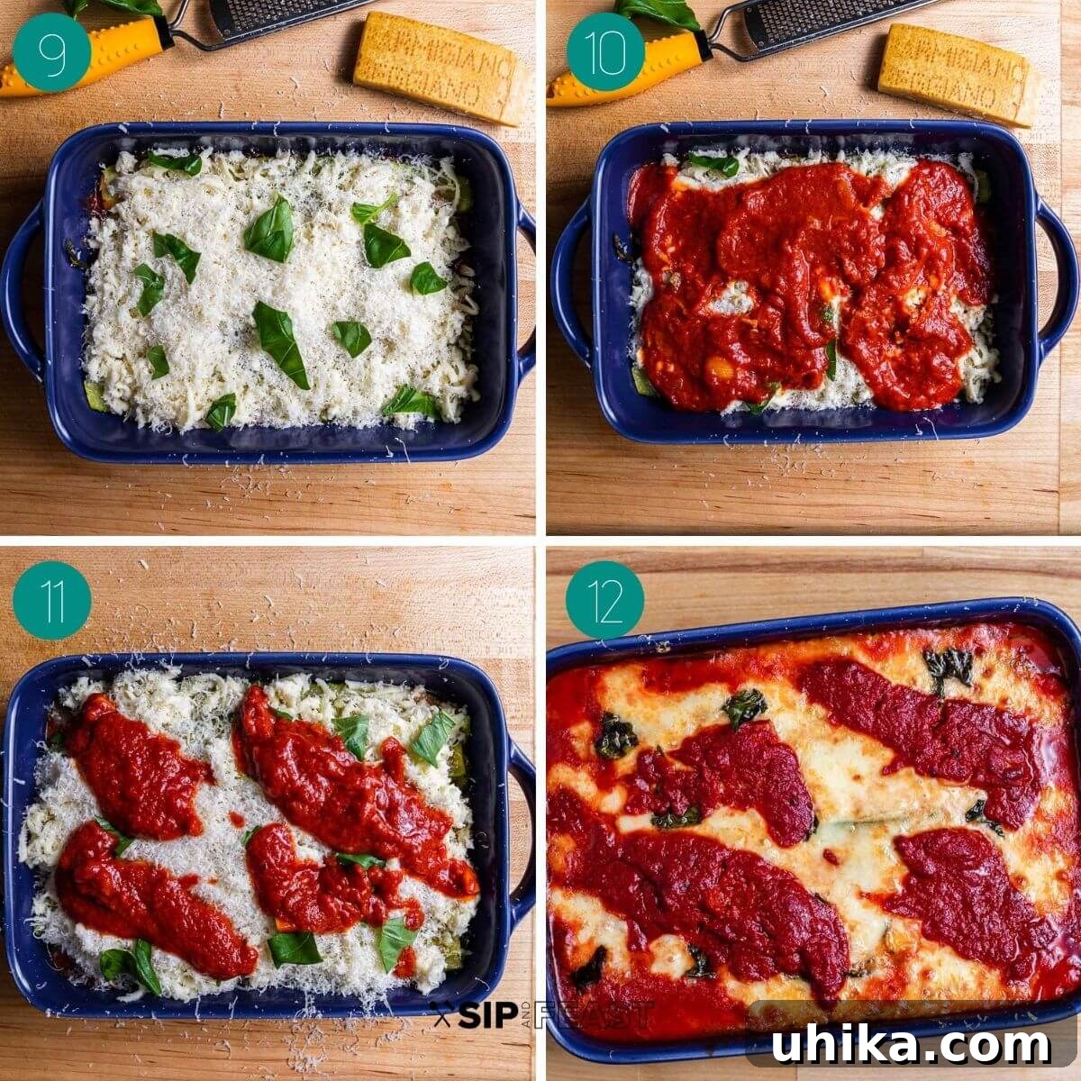 Collage showing third set of Zucchini alla Parmigiana recipe steps: layering sauce, zucchini, mozzarella, parmesan, and basil.