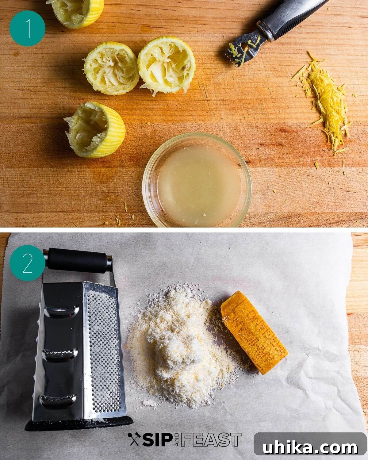 Sunshine Lemon Linguine 4 Linguine al limone recipe process shot collage group one, showing lemon zesting and juicing.
