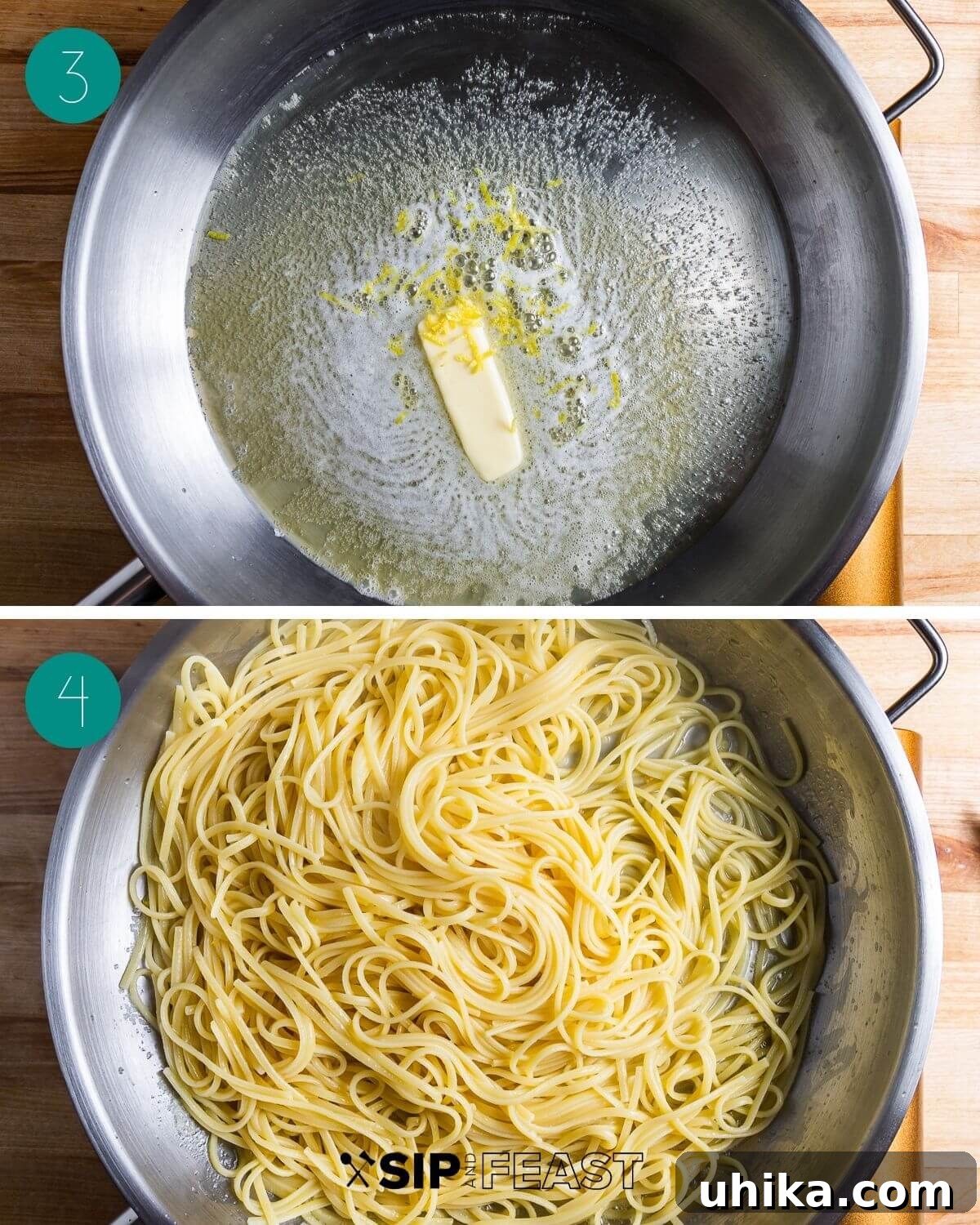 Sunshine Lemon Linguine 5 Recipe process shot collage group two, showing pasta cooking and sauce base preparation.