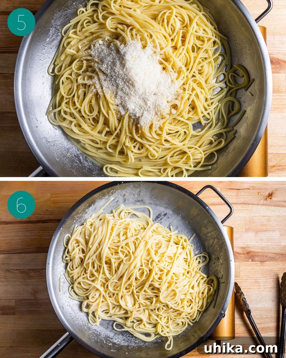 Sunshine Lemon Linguine 6 Recipe process shot collage group three, showing lemon juice and cheese being added to pasta.