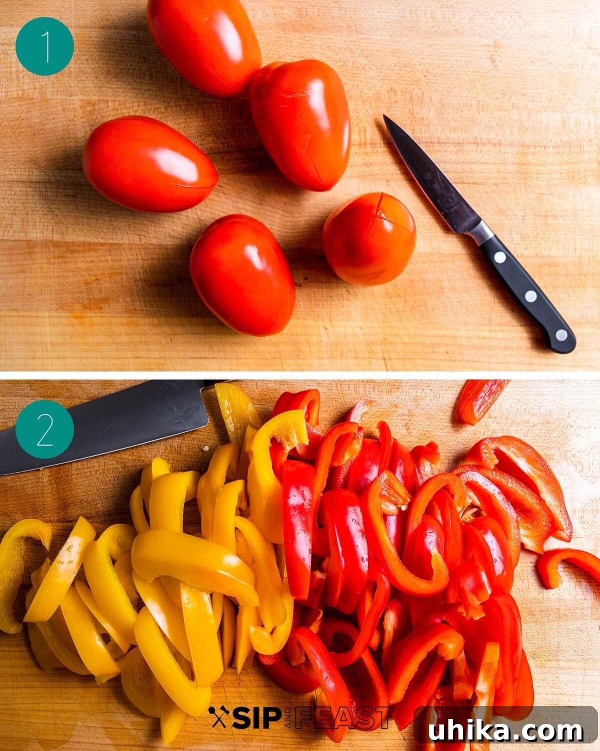 Mediterranean Pepper Delight 4 The initial step of preparing fresh tomatoes for peperonata: scoring the top of a plum tomato with an 'X' cut.