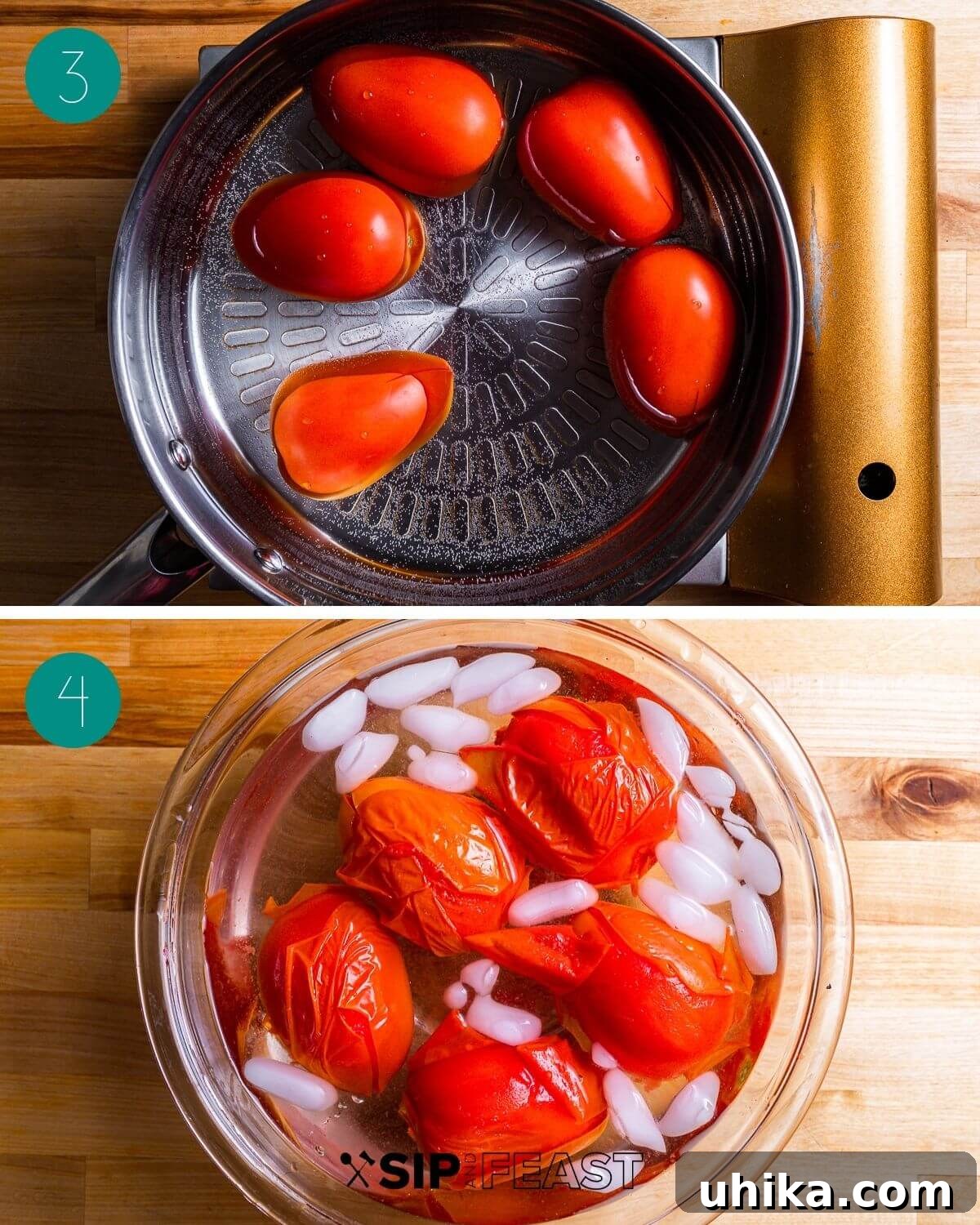 Mediterranean Pepper Delight 5 The second step of the peperonata recipe: freshly sliced onions and bell peppers, alongside blanched tomatoes cooling in an ice bath.