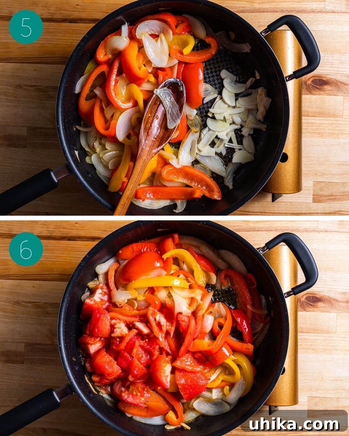 Mediterranean Pepper Delight 6 Recipe process shot showing softened peppers and onions pushed to one side of the pan, with sliced garlic added to the cleared space in the center.
