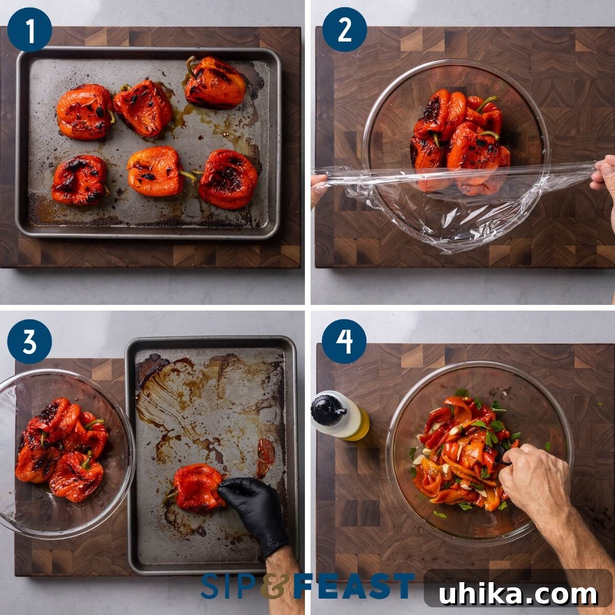 Perfectly Roasted Italian Red Peppers 4 Recipe process shot collage showing roasted peppers on baking sheet, peppers in bowl with plastic wrap, removing skins and seeds, and tossing the peppers with olive oil, garlic, and parsley.