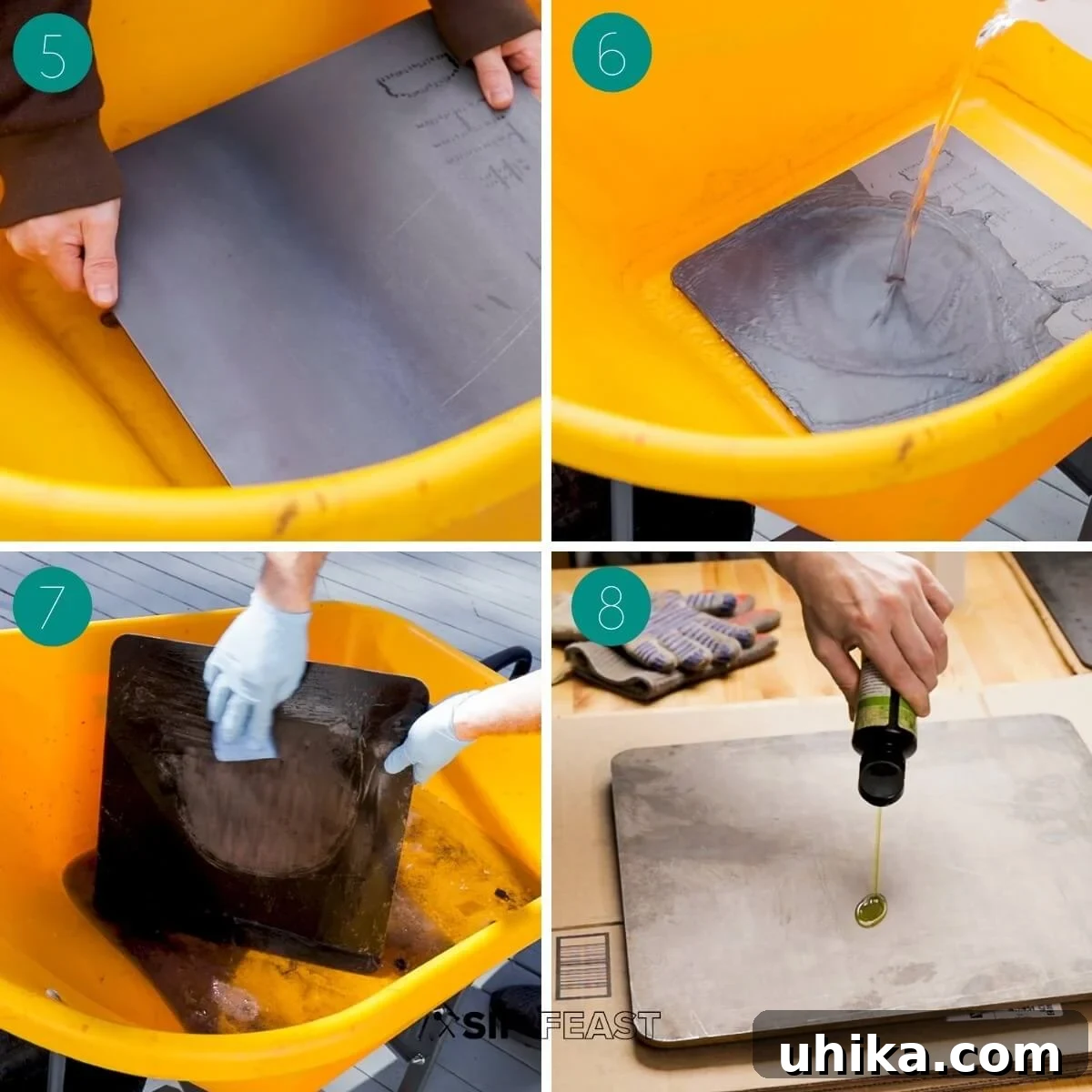 DIY Pizza Steel: Crafting Your Own Perfect Crusts 4 Collage of process shots illustrating the DIY pizza steel soaking in a vinegar and water solution.