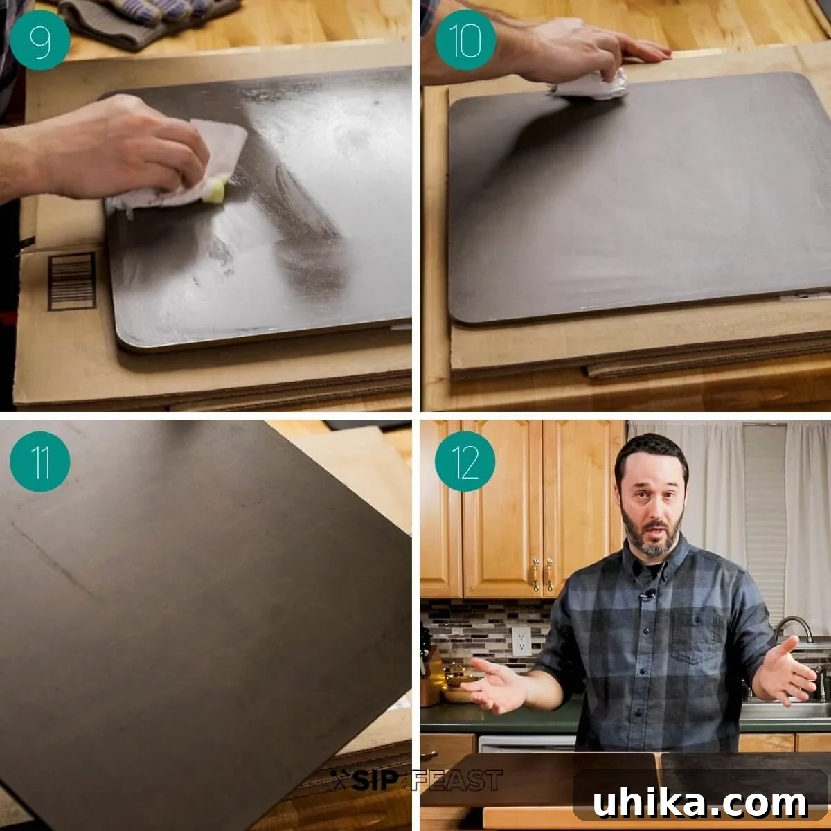 DIY Pizza Steel: Crafting Your Own Perfect Crusts 5 Process shot collage displaying the seasoning of the pizza steel with flax oil and subsequent baking.