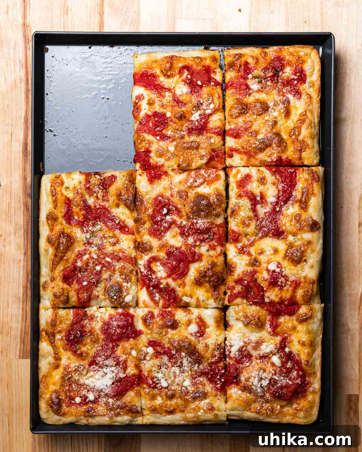 Heirloom Pan Pizza 9 Overhead shot of pan pizza.