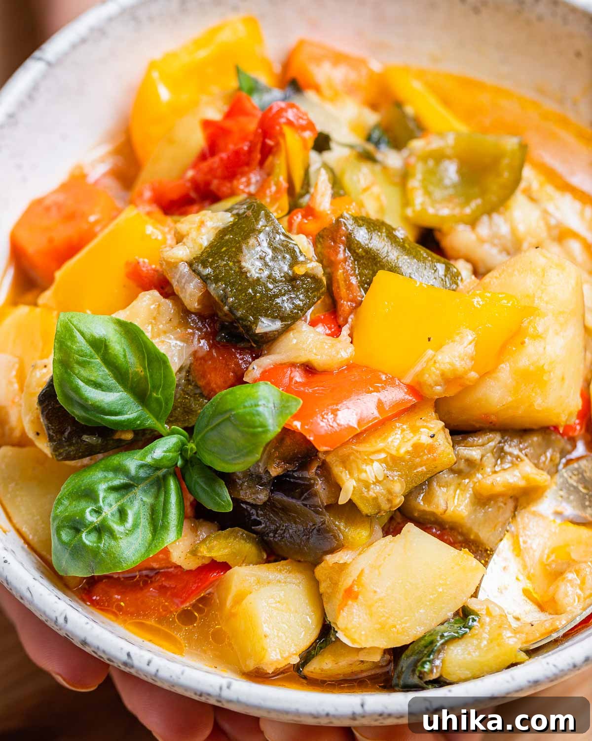 Rustic Italian Garden Stew 2 A white bowl showcasing freshly made Ciambotta, garnished with a vibrant basil leaf, ready to be enjoyed.