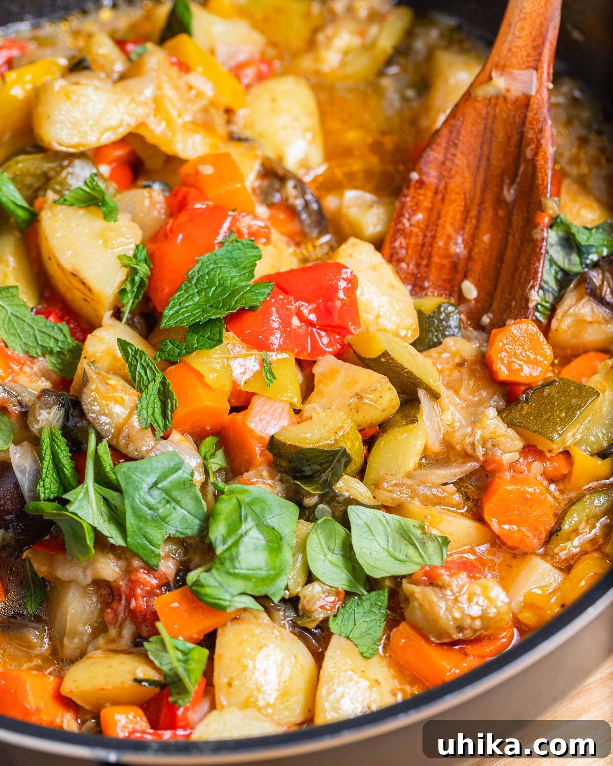 Rustic Italian Garden Stew 3 A large cooking pan filled with Ciambotta, generously topped with fresh basil and mint leaves, ready to be served.