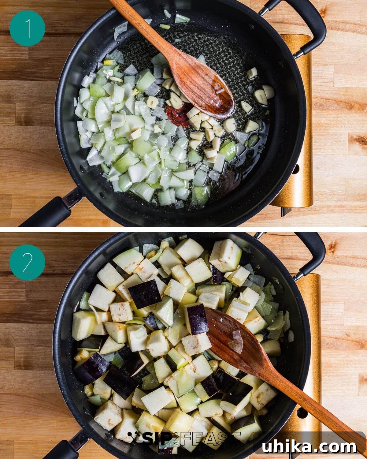 Rustic Italian Garden Stew 5 A collage of process shots for making Ciambotta, showing the initial stages of chopping and sautéing vegetables in a pot.