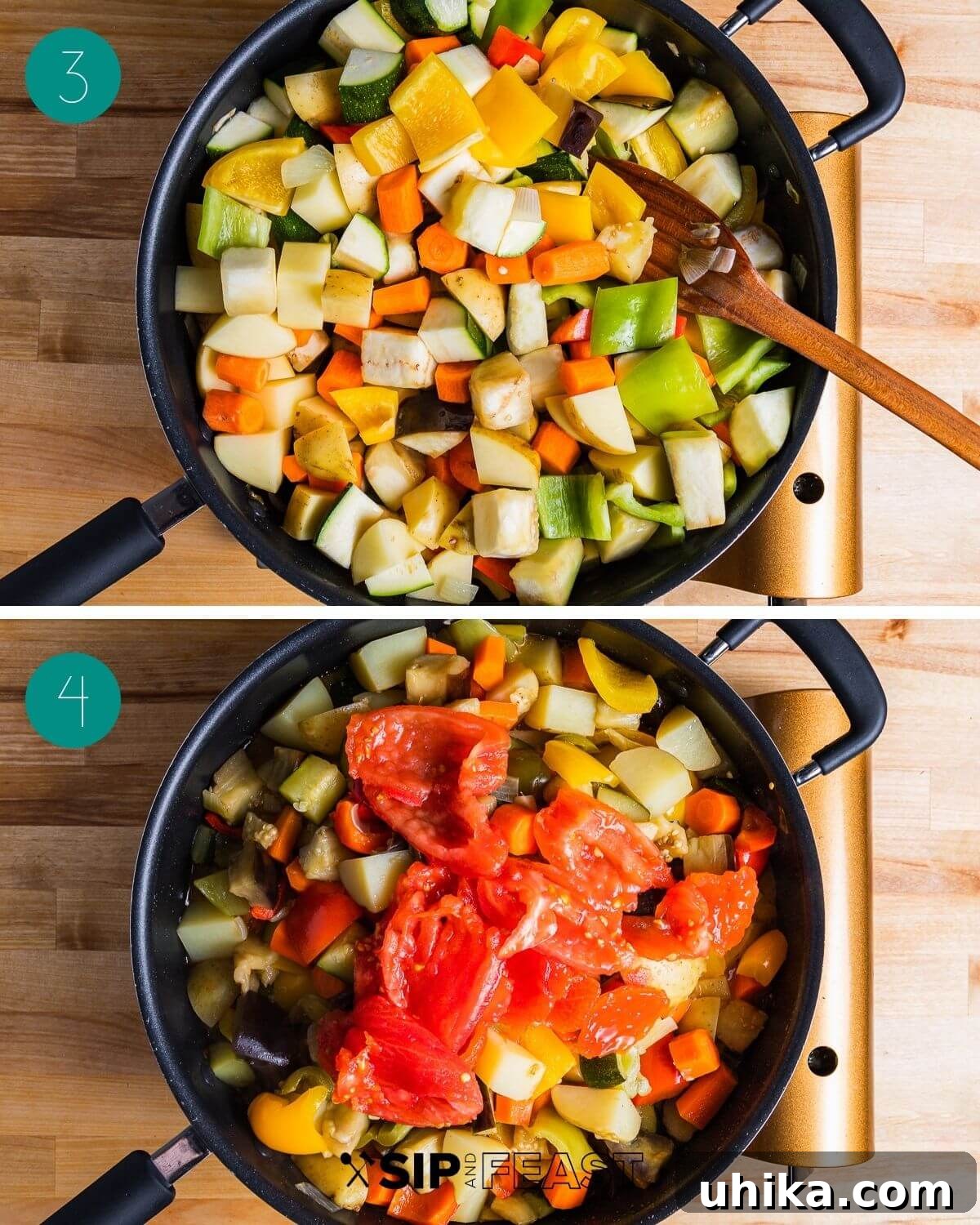 Rustic Italian Garden Stew 6 A second collage of process shots for Ciambotta, illustrating the addition of more vegetables like peppers, potatoes, and zucchini to the simmering pot.
