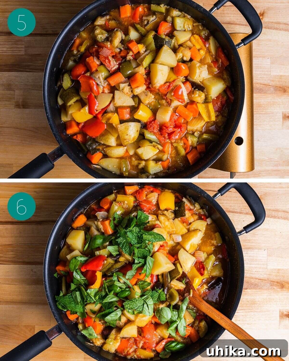 Rustic Italian Garden Stew 7 A third collage of process shots, demonstrating the Ciambotta stew simmering covered with the lid slightly ajar, showcasing the final stages of cooking.