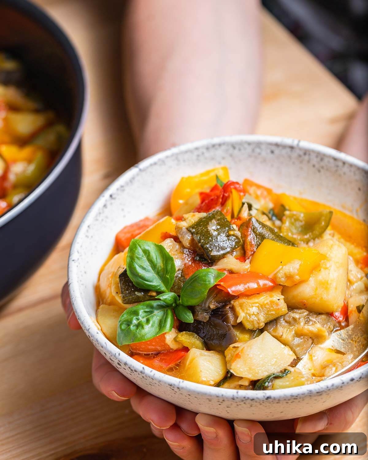 Rustic Italian Garden Stew 8 A white bowl filled with Italian vegetable stew, Ciambotta, lovingly held in hands, highlighting its comforting and rustic appeal.