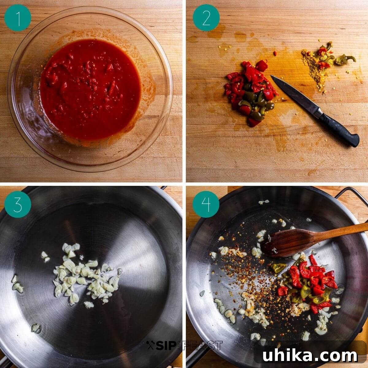 Fiery Tomato Spaghetti 4 Spaghetti arrabbiata recipe process shot collage group number one.