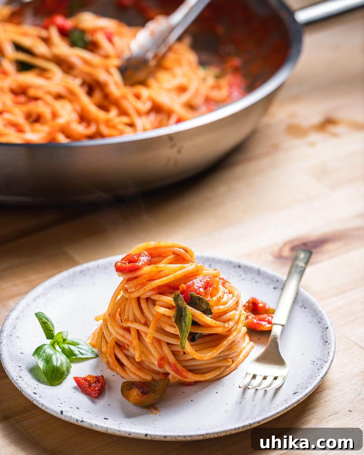 Fiery Tomato Spaghetti 7 White plate of nested spaghetti arrabbiata.