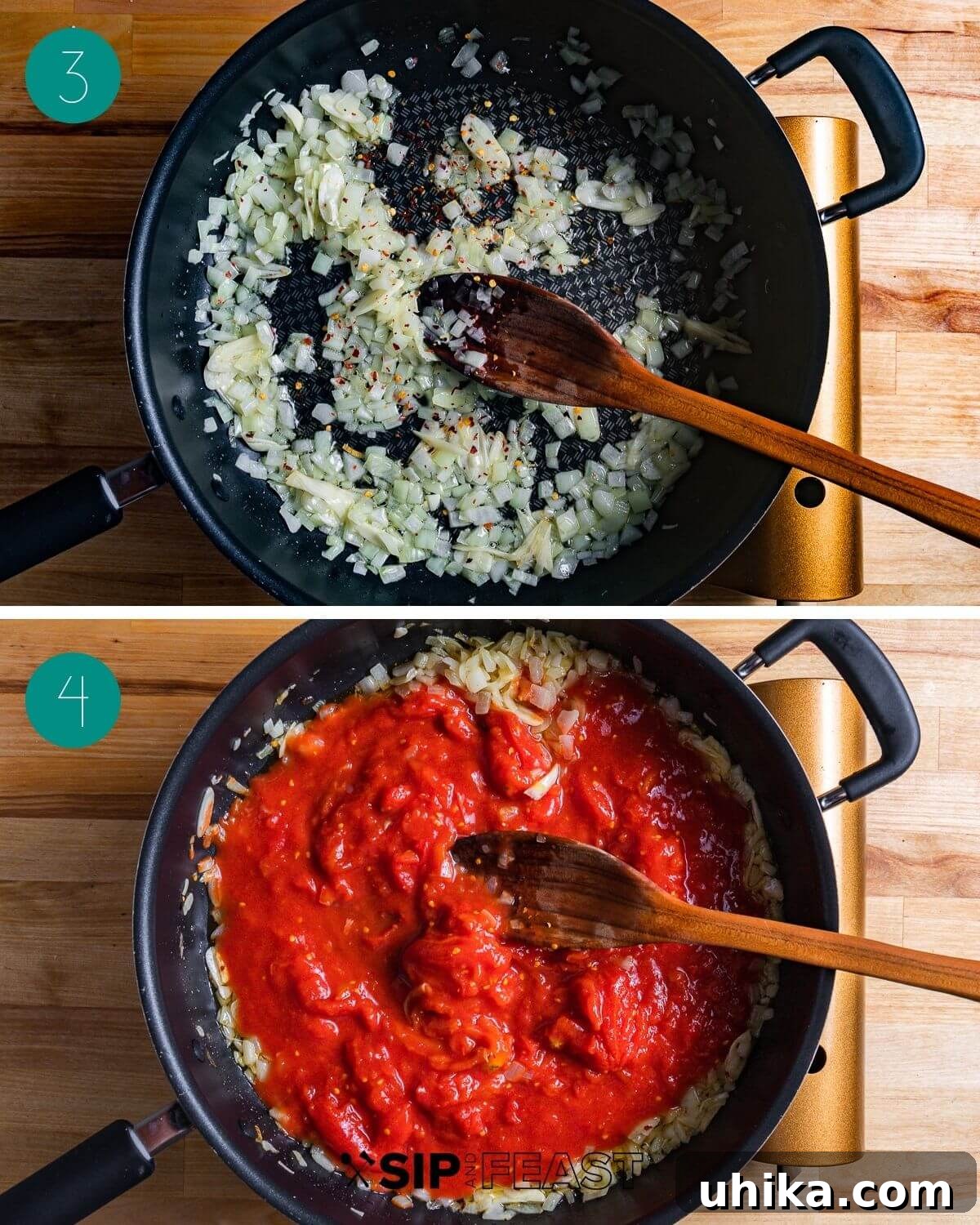 Tender Green Beans Simmered in Rich Tomato Sauce 5 A collage showing the sautéing process: onions softening in olive oil, followed by the addition of garlic and red pepper flakes, cooking until fragrant.