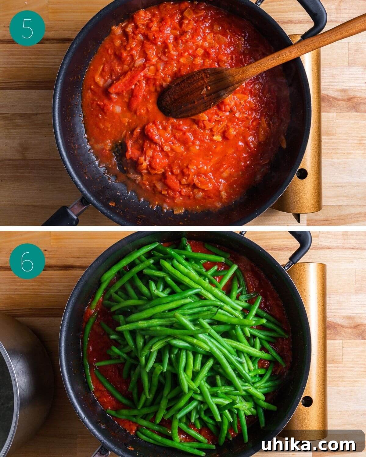 Tender Green Beans Simmered in Rich Tomato Sauce 6 A collage illustrating sauce preparation and green bean blanching: plum tomatoes added to the aromatic base, simmering, and green beans boiling in salted water.