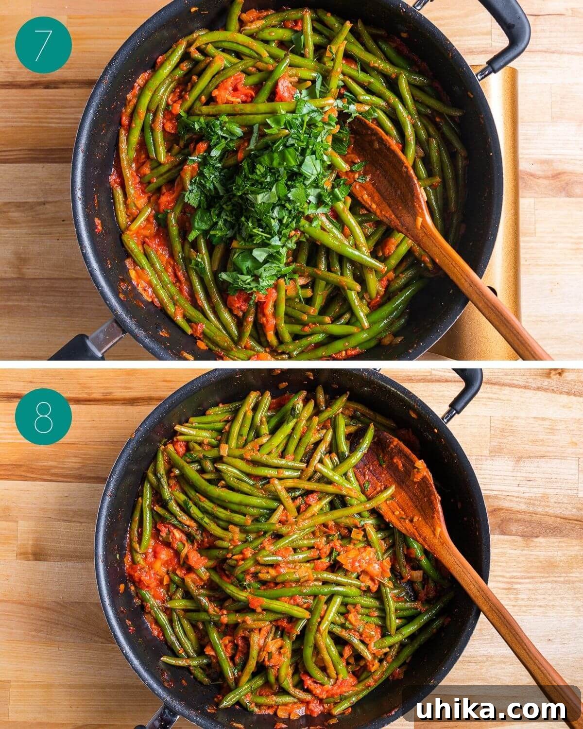Tender Green Beans Simmered in Rich Tomato Sauce 7 A collage of the final steps: blanched green beans added to the tomato sauce, stewing to absorb flavors, and finished with a generous sprinkle of fresh chopped herbs.