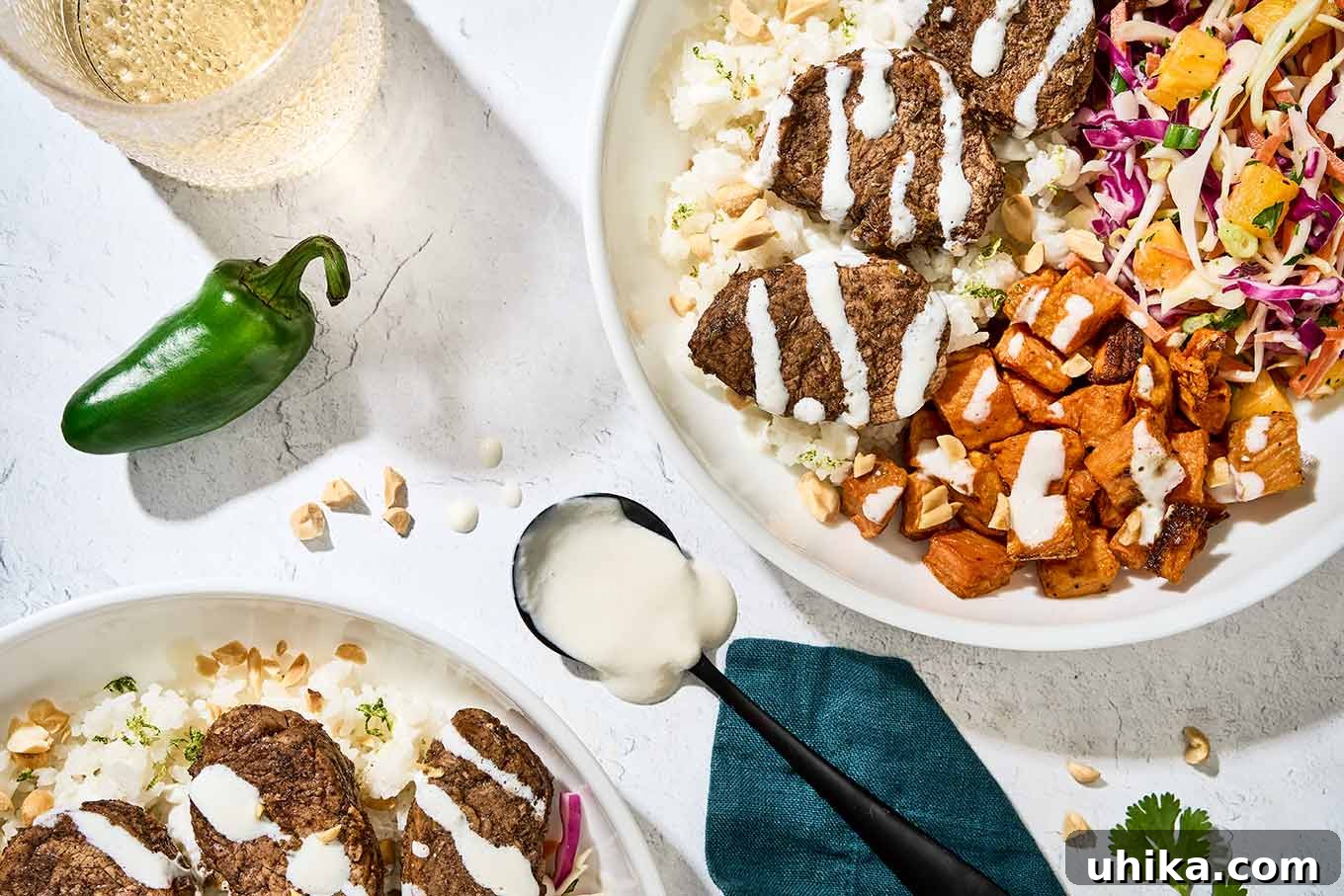 Caribbean Jerk Pork Tenderloin with Bright Garlic-Lime Drizzle 7 Jerk pork tenderloin with garlic-lime drizzle served in a bowl over coconut lime rice, cubed roasted sweet potatoes, and pineapple slaw.