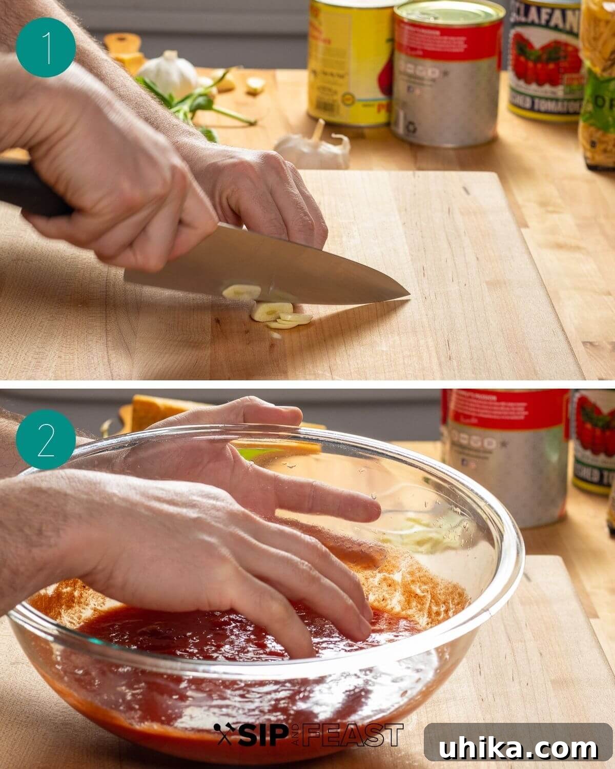 Chicken Parmigiana 4 Collage showing sliced garlic and hands crushing plum tomatoes for marinara sauce.