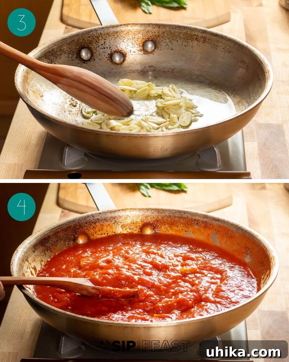 Chicken Parmigiana 5 Collage showing sautéing garlic in oil and the crushed tomatoes added to the pan.