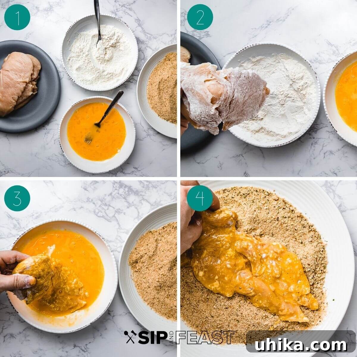 Chicken Parmigiana 6 Collage showing the three-step breading process: flour, egg, then breadcrumbs.