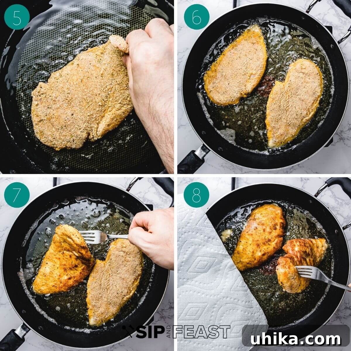 Chicken Parmigiana 7 Collage showing chicken cutlets frying, being flipped, and removed from the pan.