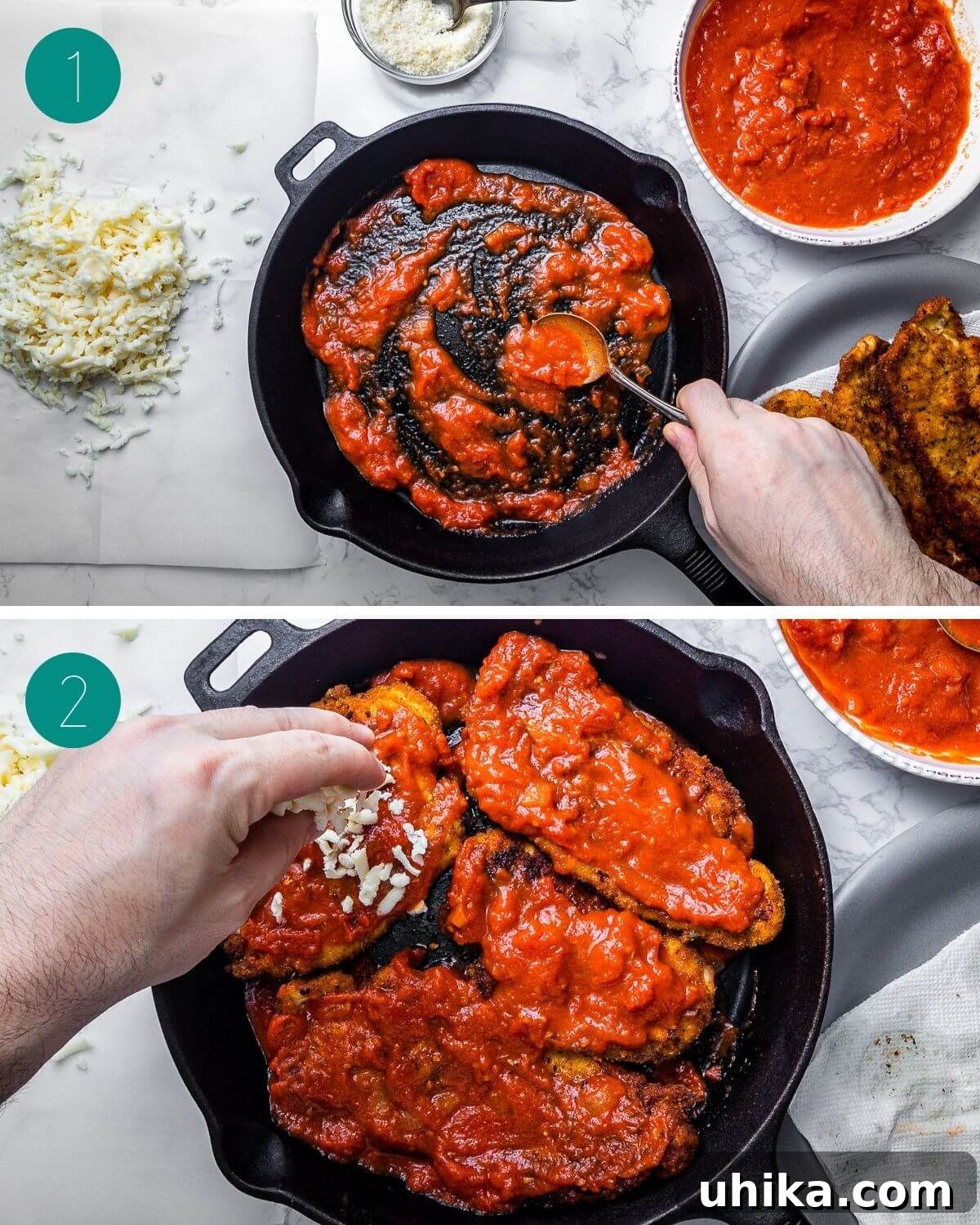 Chicken Parmigiana 8 Collage showing sauce layered in the pan and then chicken cutlets placed over the sauce.