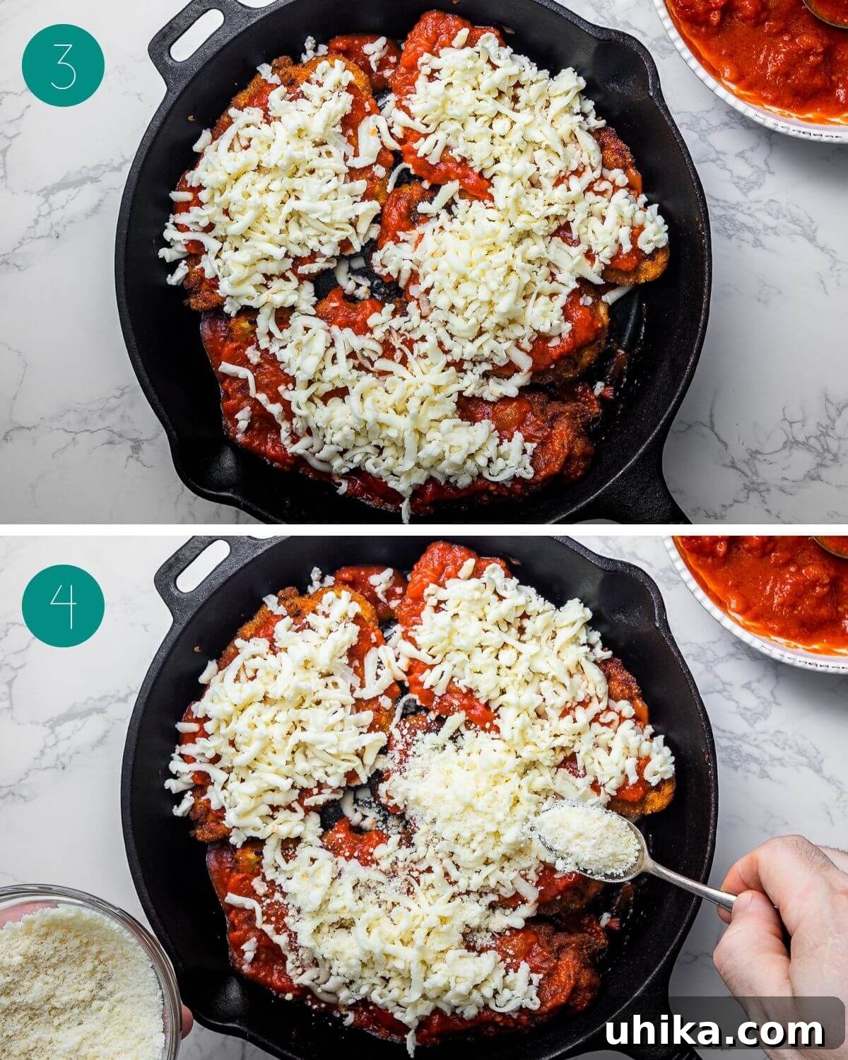 Chicken Parmigiana 9 Collage showing mozzarella on top of cutlets, then grated Parmigiano Reggiano being sprinkled.