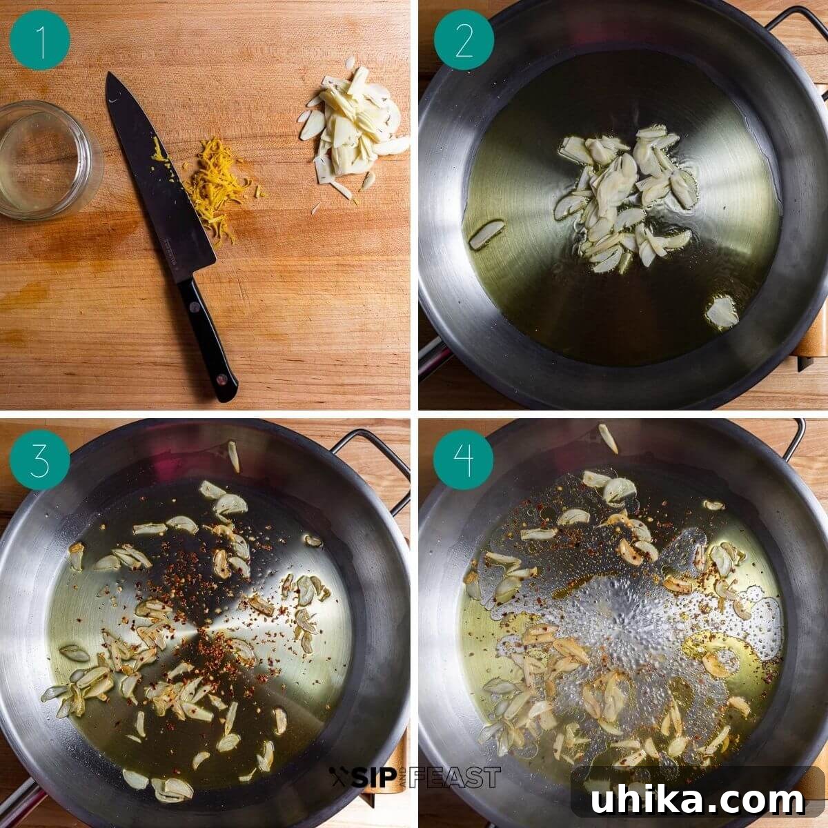 Bright Lemon Arugula Pasta 4 Collage of three process shots for lemon arugula pasta. First, sliced garlic sautéing in olive oil. Second, red pepper flakes added to the pan. Third, a ladle of pasta water being added to the garlic-infused oil.
