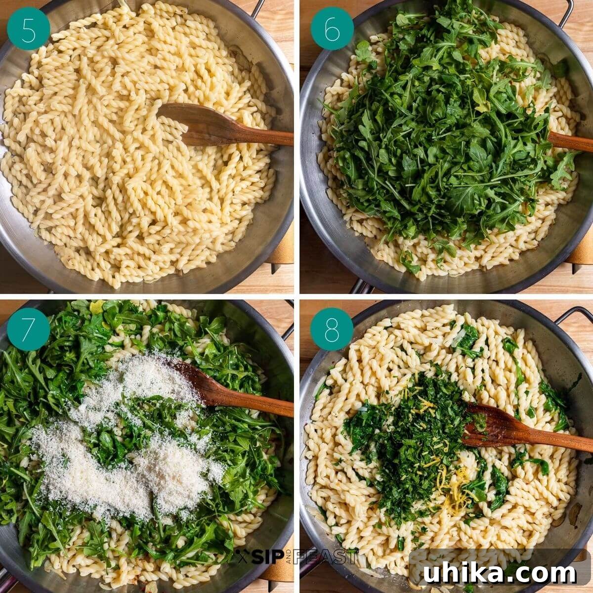Bright Lemon Arugula Pasta 5 Collage of three process shots for lemon arugula pasta. First, al dente pasta being added to the pan with garlic oil. Second, fresh arugula being tossed with the pasta. Third, lemon juice, lemon zest, and grated Parmigiano Reggiano added to the pasta.