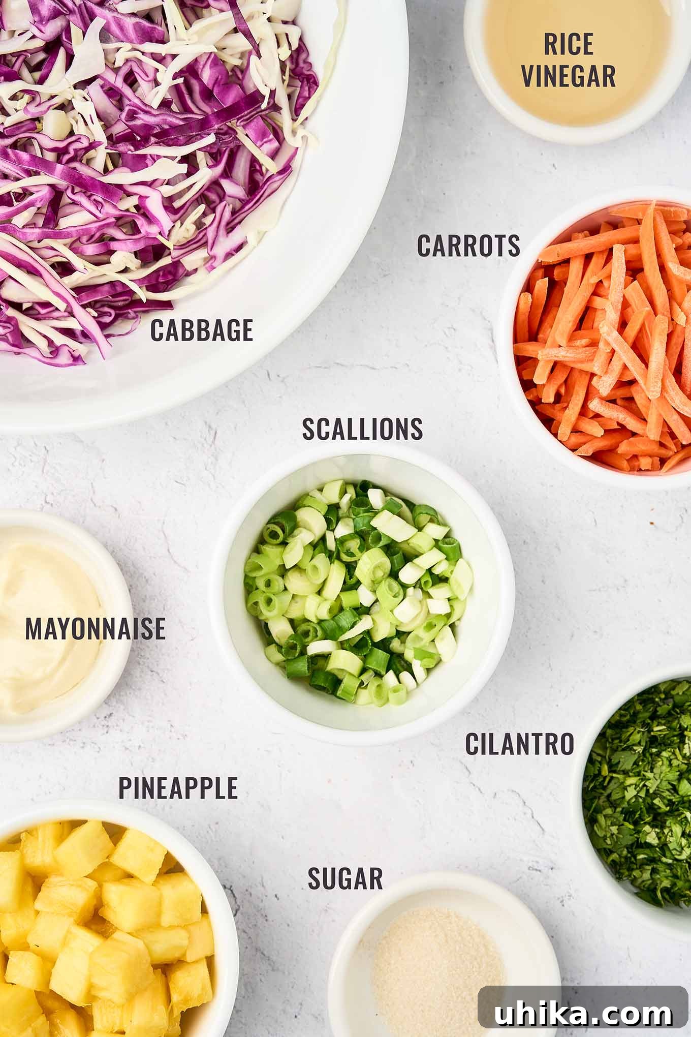 Sunshine Pineapple Slaw 3 An overhead shot showcasing the fresh ingredients for pineapple slaw, including shredded cabbage, carrots, pineapple cubes, green onions, cilantro, and dressing components like sugar, mayonnaise, and rice vinegar.