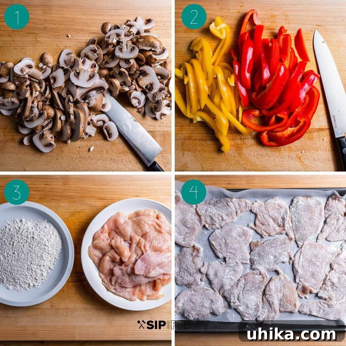 Pizzaiola Chicken 4 A collage showing the initial steps of the Chicken Pizzaiola recipe: slicing mushrooms, slicing bell peppers, and seasoning chicken cutlets.